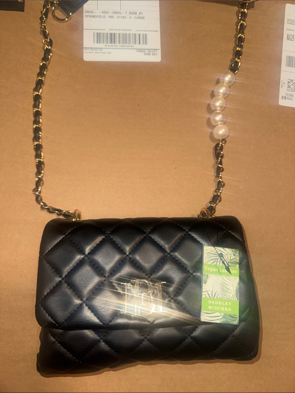 Badgley Mischka Black Quilted Crossbody with Gold Chain and Pearl Accent